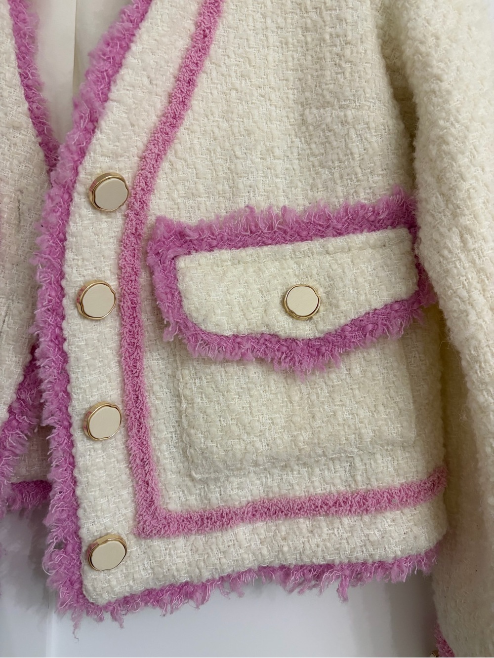 Aqua Cream Bouclé Jacket with Pink Fringe Trim - Picture 2 of 3